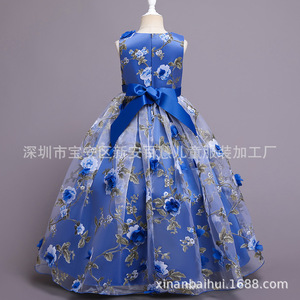 Girls Princess Dress Blue Floral Print Ball Gown Tutu Skirt For Children Performance Wear Size Medium Large - Product Image 4