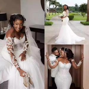 Vestido <span class=keywords><strong>de</strong></span> Novia <span class=keywords><strong>de</strong></span> Talla Grande Estilo Árabe Aso Ebi con Encaje y Cuentas, Estilo Sirena, Cuello Transparente, Brillante, Vintage - Product Image 2