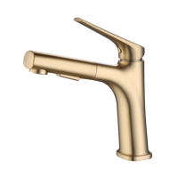 Robinet Mitigeur Moderne Monotrou Doré Brossé Extensible pour Eau Chaude et Froide, à Poser sur Comptoir pour Meubles de Salle de Bain, Lavabos et Plans de Travail 34780