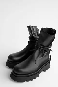 Mode à lacets femme <span class=keywords><strong>mi</strong></span>-<span class=keywords><strong>mollet</strong></span> <span class=keywords><strong>bottes</strong></span> Vintage bout rond en <span class=keywords><strong>cuir</strong></span> noir côté fermeture éclair plate-forme femmes <span class=keywords><strong>bottes</strong></span> de motard - Product Image 4