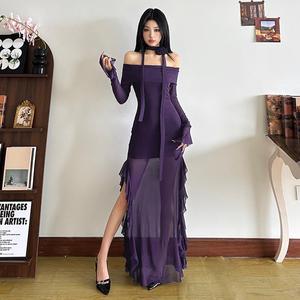 Off-Shoulder Mesh Long Sleeve Dress Dark Purple High Low Bodycon Fishtail <b>Split</b> <b>Skirt</b> Women Summer Bridesmaid Dress - Product Image 2