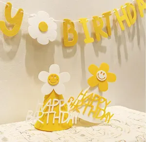 Décoration de gâteau d'anniversaire, marguerite, chapeau d'anniversaire, tissu en feutre, fleur, chapeau de fête, jouets pour enfants
