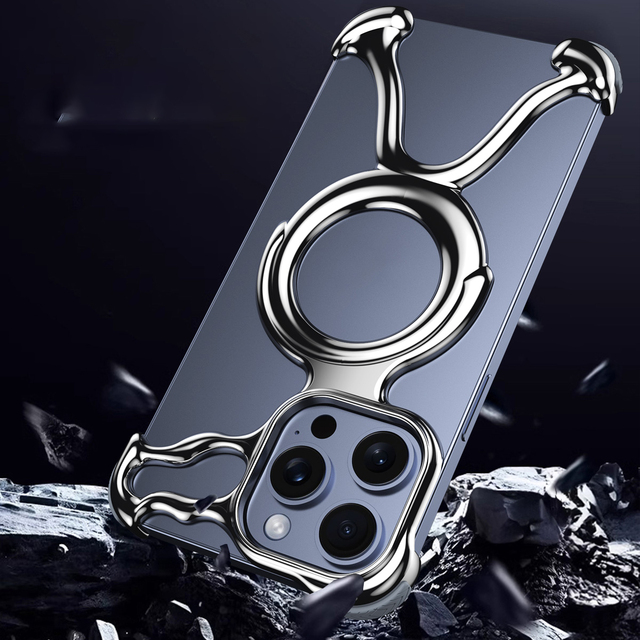 Luxury Magnetic Rimless Aluminum Stand Shockproof Protection Phone Cover for iPhone 15 Pro Max 14 13-Magnetic Rimless Metal Case