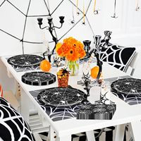 Perlengkapan Pesta Jaring Laba-laba Halloween - Piring Sekali Pakai, Serbet, Garpu, Desain Laba-laba Hitam Putih untuk Halloween
