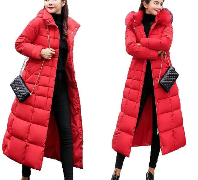 Dropshipping wholesale Long Winter Coat Women Parkas Slim Casual Hooded Fur Collar Warm Jacket Outerwear Streetwear Coat