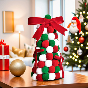 New Mini <b>Christmas</b> Tree Ornament Desktop Decoration with Small Pom-Poms and Bows - Product Image 1