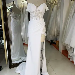 Vestido al por mayor de satén de tela de encaje floral blanco elegante Vintage para vestido de novia