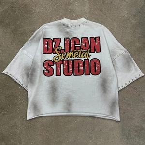 YITE kaus kotak bahu jatuh pria motif berlian imitasi Vintage kaus crop ukuran besar 100% katun cetak kustom pria - Product Image 4