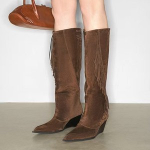 Stivali di Tendenza Personalizzati Retrò con <span class=keywords><strong>Zeppa</strong></span> da Donna, Nappe, Scamosciati, Punta Affusolata, Alti al Ginocchio - Product Image 4