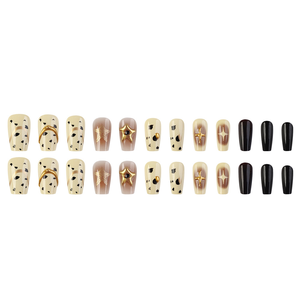 24 Uds. Prensa <span class=keywords><strong>de</strong></span> café degradado marrón en las <span class=keywords><strong>uñas</strong></span> hechas a mano <span class=keywords><strong>de</strong></span> lujo ABS <span class=keywords><strong>uñas</strong></span> postizas líneas doradas estrellas vaca patrones prensa en las <span class=keywords><strong>uñas</strong></span> - Product Image 5