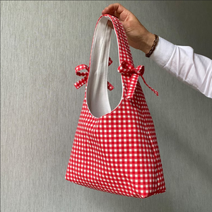<span class=keywords><strong>Borsa</strong></span> Tote Personalizzata in Cotone a Quadretti Rossi, Mini <span class=keywords><strong>Borsa</strong></span> Hobo con Fiocco, <span class=keywords><strong>Borsa</strong></span> a <span class=keywords><strong>Tracolla</strong></span> in Tela - Product Image 2