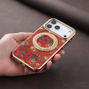 Coque de téléphone fleur de style européen pour <span class=keywords><strong>iPhone</strong></span> 17 16 15 14 13 Pro Max Plus support d'engrenage rotatif magnétique couverture de galvanoplastie - Product Image 1