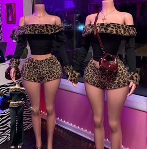 Viviblook Z1126ST20 <b>Women</b> <b>Outfits</b> <b>Sexy</b> Fur Patchwork Leopard Print Long Sleeved Top Pants or Shorts Two Pieces Set - Product Image 1