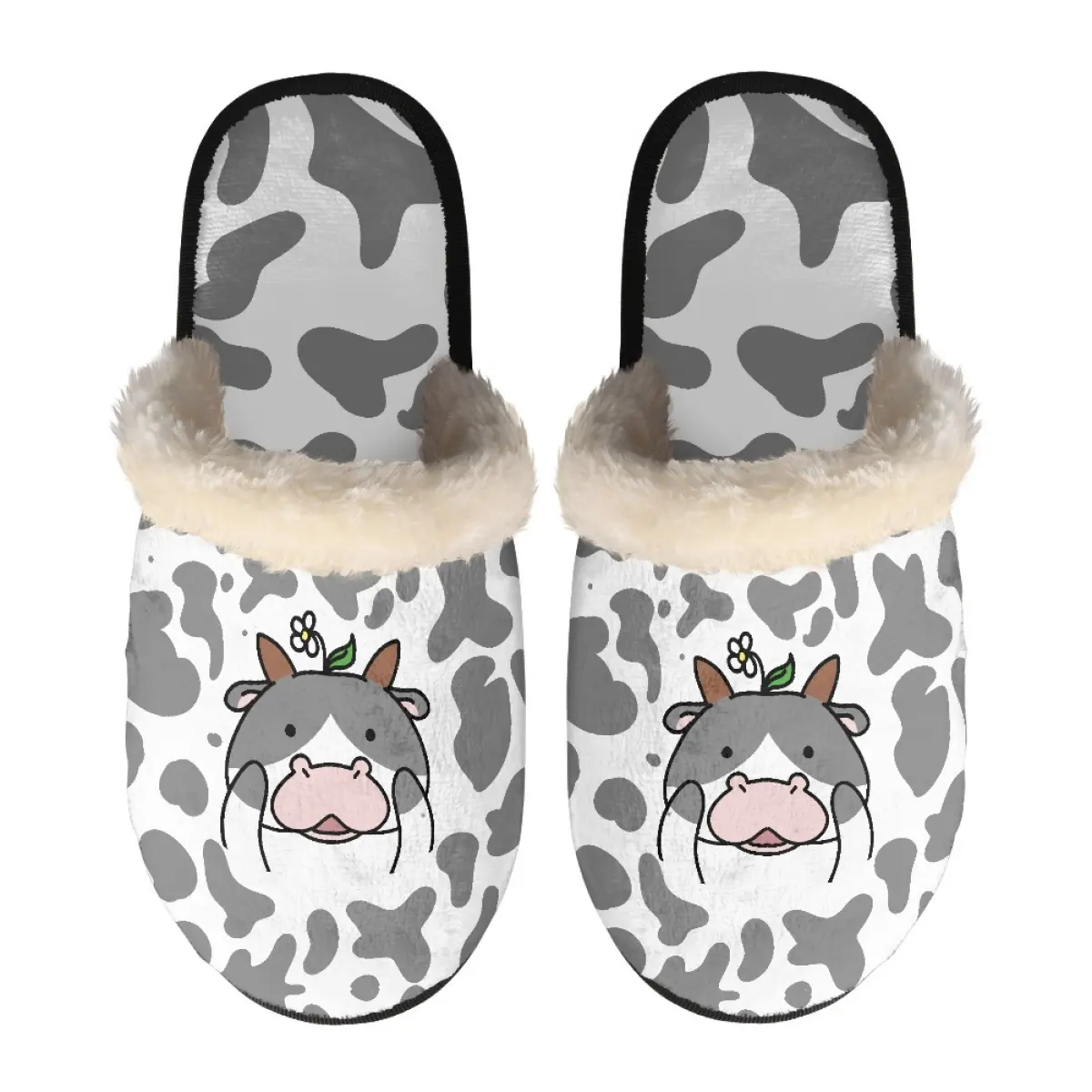 Estampado bajo demanda vaca Toro jirafa perro cebra zapatillas masculinas invierno cálido mujer Zapatillas peludas zapatillas de algodón suave Envío Directo