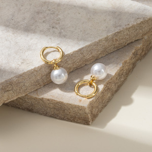 French Style Pearl Hoop <b>Earrings</b> For Women Round Bezel Setting Party Jewelry EKA-072 - Product Image 4