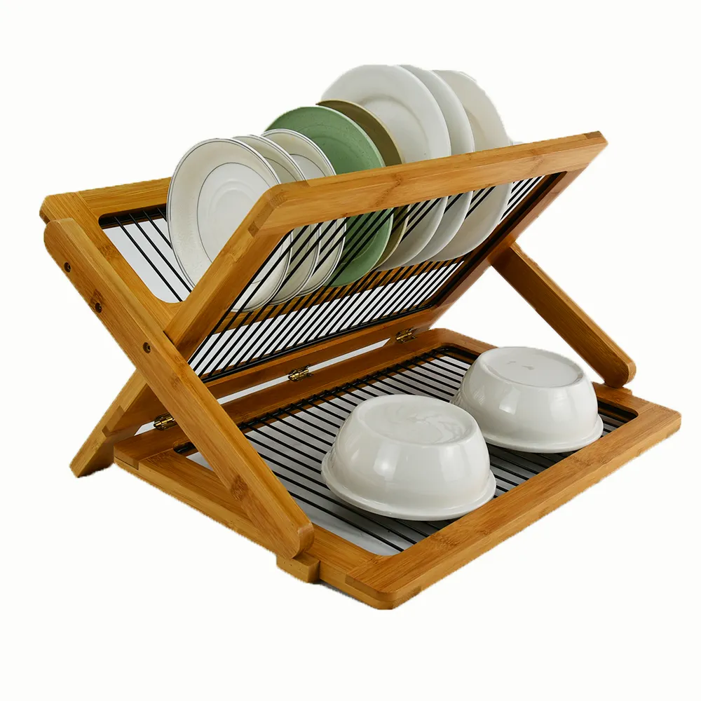 Eco-friendly Wood Folding 2-Tier Kitchen Collapsible Drainer Bamboo Dish Rack With Utensil Flatware Holder Set