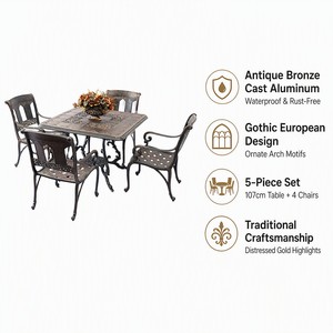 Ensemble <span class=keywords><strong>de</strong></span> salle à manger d'extérieur en <span class=keywords><strong>aluminium</strong></span> moulé bronze antique avec table à arche gothique et quatre fauteuils ornés pour <span class=keywords><strong>jardin</strong></span> et villa - Product Image 5