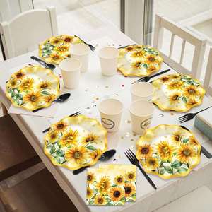 FDA Approved 9-Inch <b>Disposable</b> Paper <b>Plate</b> with Scallop Edges Yellow Sunflower FOIL & 350gsm White Board Party Supplies - Product Image 3