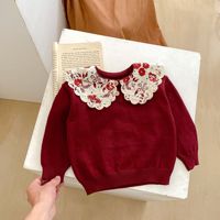 Sweater Rajut Katun Pointelle Bordir Bunga Kerah Peter Pan Kancing Bayi Perempuan Tepi Scallop Pakaian Rajut Bayi Baru Lahir Balita