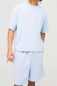 Light Blue Oversized Boxy T-Shirt & Drop Crotch Shorts Set Blank Summer Wear Unisex Sets Tracksuit - Product Image 3