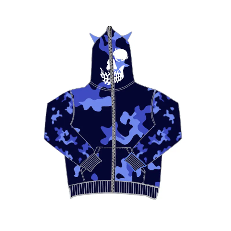 Custom Skull Face Hood 100% Cotton Blue Pullover Oversized Zipper Unisex Men Full Zip Up hoodies