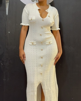 Robe longue moulante décontractée pour femme, tricotée, à manches courtes, boutonnée, fendue, 5 couleurs, TAILLE UNIQUE