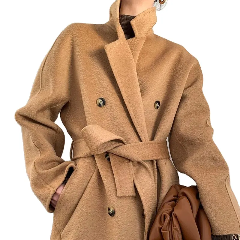 Casaco de lã feminino, casaco longo leve de alta qualidade estilo camel pea
