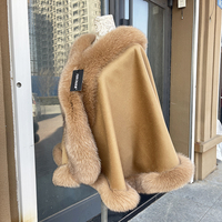 Winter Warmer Luxuriöser Kapuzenmantel mit Flauschigem Fuchspelzbesatz Einfarbiger Damen Kaschmir-Woll-Pelz-Poncho