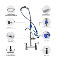 Robinet de cuisine commercial industriel moderne en laiton flexible avec douchette extractible, double poignée, finition chromée, à poser sur comptoir