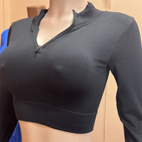 Ensemble de sport côtelé sans couture pour femme : haut court à manches longues semi-zippé et leggings taille haute à cordon de serrage – Tenue de sport assortie pour la gym