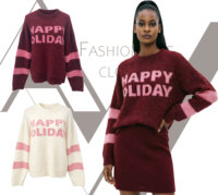 Pull en tricot à lettres pour femme, à paillettes, en fil duveteux, rayé, à manches longues, coupe oversize, pour les fêtes de Noël