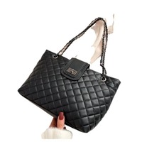 Sac fourre-tout géométrique simple en PU imperméable pour femme, sac à bandoulière avec doublure en polyester grande capacité et chaîne
