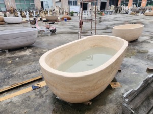 Baignoire ovale autoportante de luxe en travertin avec <span class=keywords><strong>jacuzzi</strong></span> pour 2 personnes, design moderne pour salle de bain d'hôtel - Product Image 4