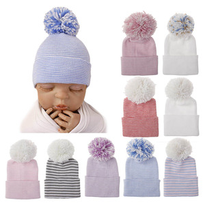 Hot Selling Comfortable <strong>Newborn</strong> Knitted Hospital Hat Baby Boys Girls Sleeping Hats Soft Cotton Baby Beanie Hats With <strong>Poms</strong> on Top - Product Image 1