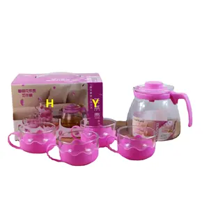 Pink Transparent Glass Tea Pot Set With Teapot Infuser Tea & Coffee Leaf Herbal 4 Cups