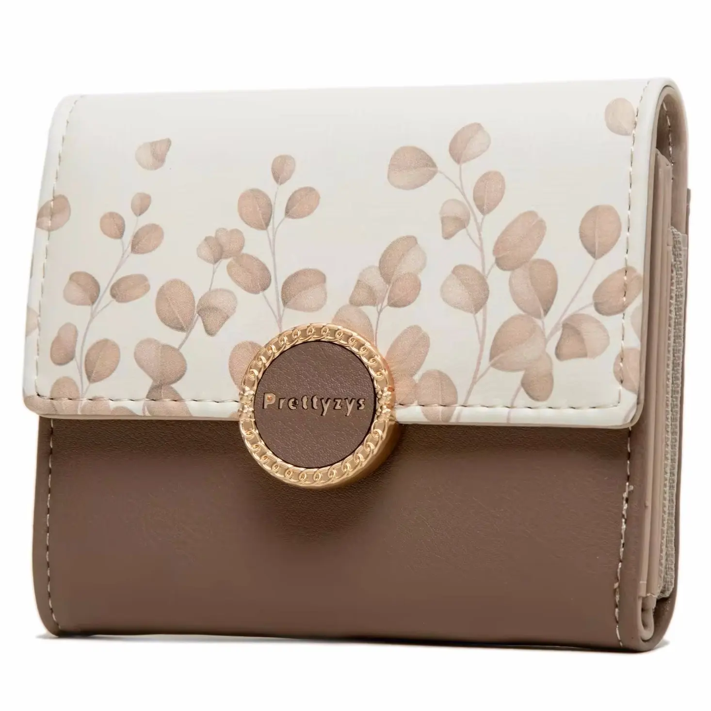 PRETTYZYS New Collection Messy Leaves Small Wallet Circle Logo Hardware Three Folded Edge Ladies Leather Wallet