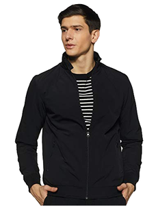 Blouson Bomber Noir Homme Col Montant Vintage Coupe-Vent Décontracté Printemps avec Fermeture Éclair et Logo - Product Image 1
