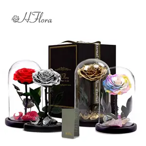 gold rose 24k single long stem Preserved Rose Forever Stabilized Eternal Roses In Glass Dome For Valentines Day Gifts