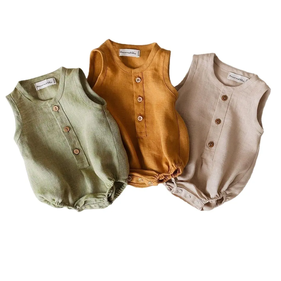 Baju Monyet Bayi Linen Katun Uniseks, Pakaian Onesie Tanpa Lengan untuk Bayi