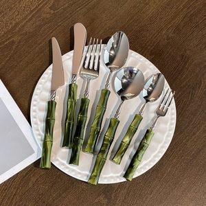 High-quality 304 stainless steel acrylic bamboo handle Western restaurant/hotel light luxury knife, fork, and spoon <b>set</b> - - Product Image 4