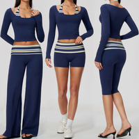 Ensemble de yoga Bnice 4549 pour femme, haut court à rayures et à col halter, pantalon évasé 3-en-1 et short, tenue de fitness et de pilates