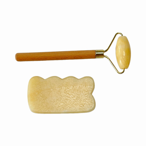 Rodillo de jade Mihuang amarillo natural puro, rodillo antienvejecimiento para el cuidado de la piel con mango de madera para la cara y la espalda embalado en bolsa - Product Image 4