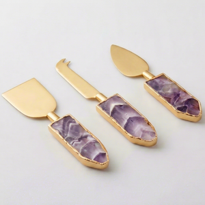 Gold <b>Cheese</b> <b>Knife</b> <b>Set</b> With Amethyst Stone Handle Stainless Steel Blades Handcrafted For Elegant Table Use And Wedding Use - Product Image 1