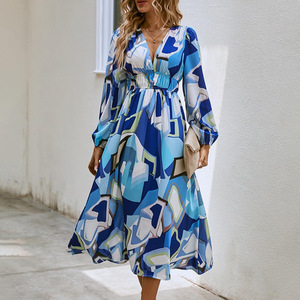 Vestidos Midi Casuales de Manga Larga con Estampado Profundo en V y Cintura Alta para Mujer - Product Image 2