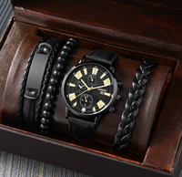 Nouveau Coffret Bijoux 4 Pièces en Alliage pour Hommes d'Affaires, Montre-Bracelet à Quartz Décontractée avec Bracelet en Cuir, Date et Chiffres, Montre Tendance