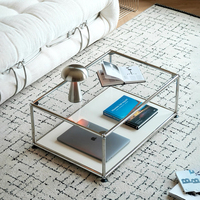 Table basse en verre de style vintage moderne minimaliste avec structure en acier inoxydable, design modulaire pour les petits salons