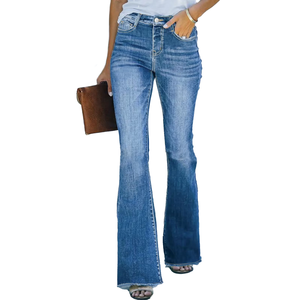 China Manufacturer's Light Blue <b>White</b> Washed Full-Length <b>Wide</b> <b>Leg</b> Flare <b>Pants</b> for Women Moms Good Quality Mid-Waist Skinny Jeans - Product Image 1