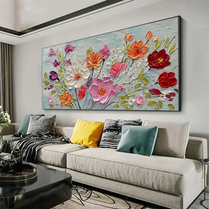 Spring Bouquet Panoramic Impasto <b>Painting</b> of Colorful Flowers Textured Floral <b>Framed</b> Wall Art <b>for</b> Living Room Bedroom Decoration - Product Image 3