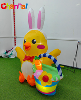 Ornement de jardin gonflable de Pâques : Poussin jaune avec serre-tête oreilles de lapin, panier de fleurs gonflable, carotte et lumière LED