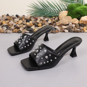 Women Metal Stud Decor Mule <b>Sandals</b> Square Toe Unique Kitten Heel Slip‑On <b>Evening</b> Footwear - Product Image 6
